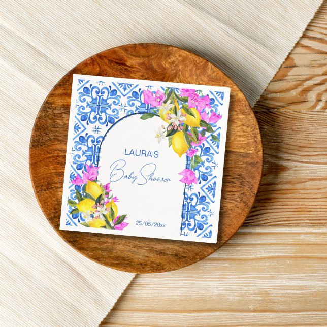 Serviette En Papier Baby shower Carrelage bleu Citrons bougainvilliers (Baby Shower Blue Tiles Lemons bougainvillea template Napkins personalized baby shower tableware)