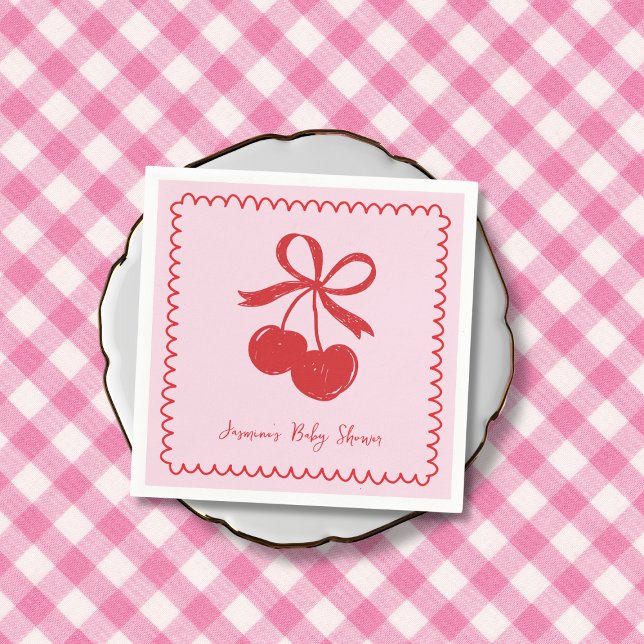 Serviette En Papier Baby shower Cherry Bow rose et rouge main dessinée (Cherry Bow Pink & Red Hand Drawn Baby Shower Napkins)