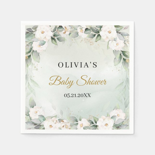 Serviette En Papier Baby shower chic à fleurs vert et blanc (Devant)