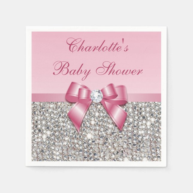 Serviette En Papier Baby shower Chic Faux Pink Bow Silver Sequins (Devant)