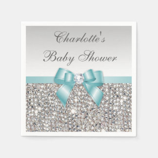 Serviette En Papier Baby shower Chic Faux Turquoise Bow Silver Sequins