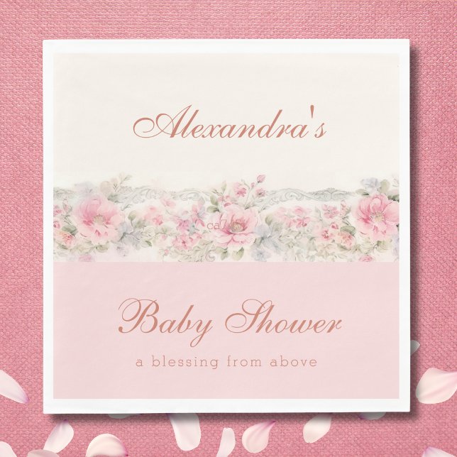 Serviette En Papier Baby shower chrétien shabby chic à fleurs roses (Créateur téléchargé)
