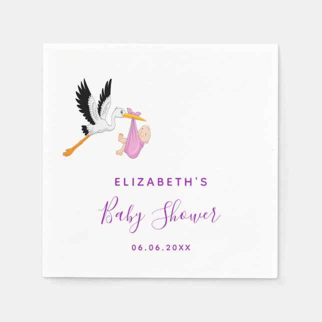 Serviette En Papier Baby shower cigogne violet fille mignonne (Devant)