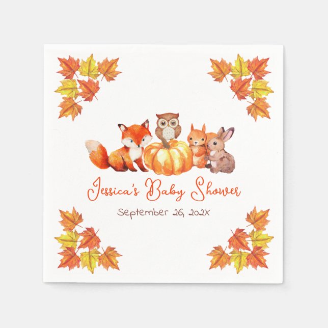Serviette En Papier Baby Shower Citrouille Renard Mignon Feuilles D'au (Devant)