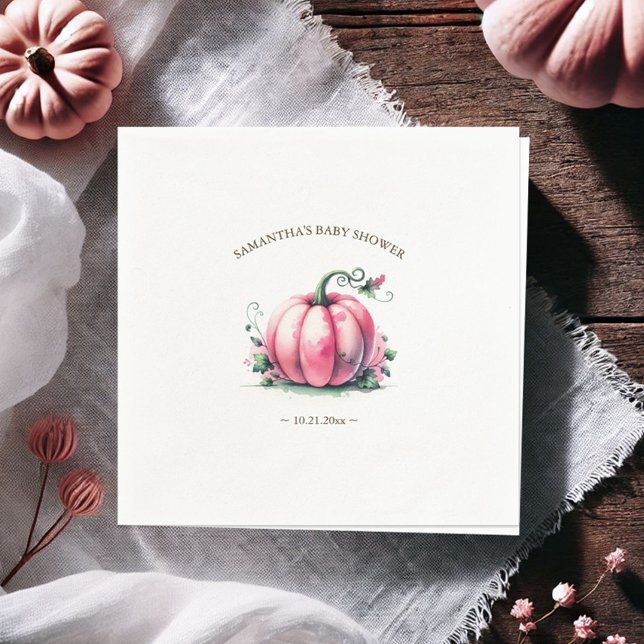 Serviette En Papier Baby shower Citrouille rose automne personnalisé (Fall baby shower napkins simple watercolor pink pumpkin personalize with template)