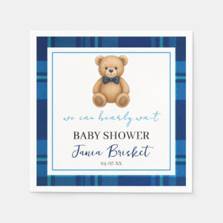 Serviette En Papier Baby shower classique Preppy Blue Plaid Teddy Bear