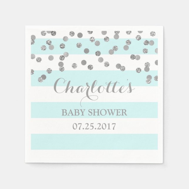 Serviette En Papier Baby shower Confetti Silver Stripes Bleu Clair (Devant)