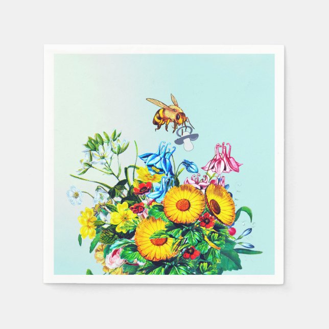 Serviette En Papier Baby shower d'abeilles Pacifique floral bleu (Devant)