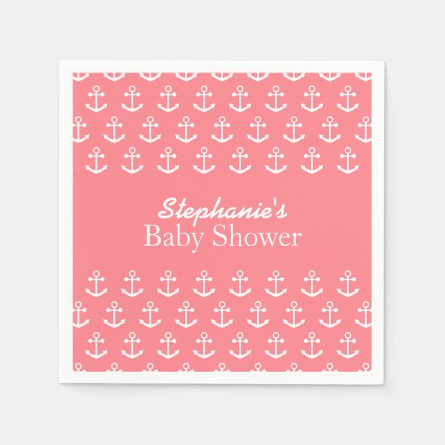 Serviette En Papier Baby shower d'Ancres nautiques rose et blanc (Devant)