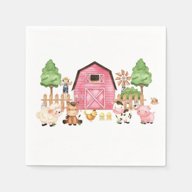 Serviette En Papier Baby shower d'animaux de ferme roses (Devant)