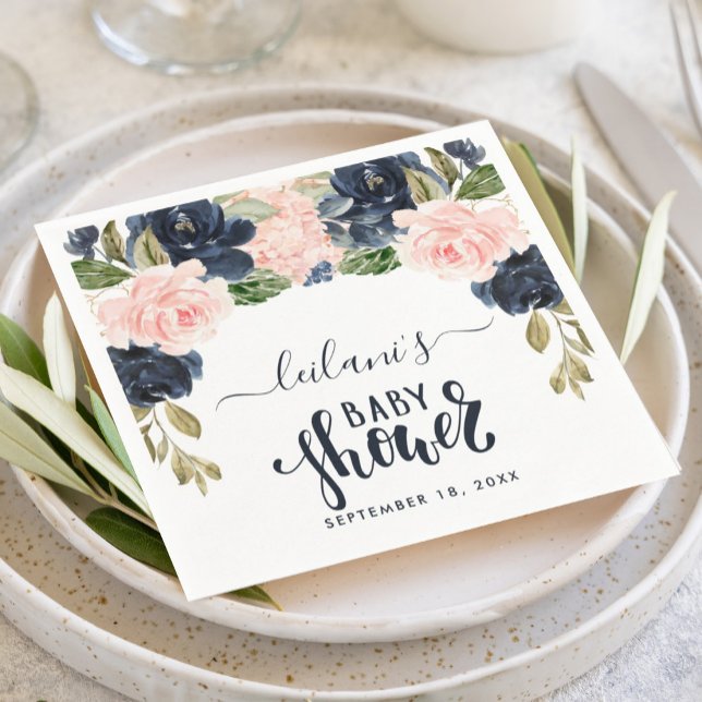 Serviette En Papier Baby shower d'aquarelle à arc floral de la Marine  (Floral botanical arch with a blush pink and navy blue baby shower napkin for an elegant design.)