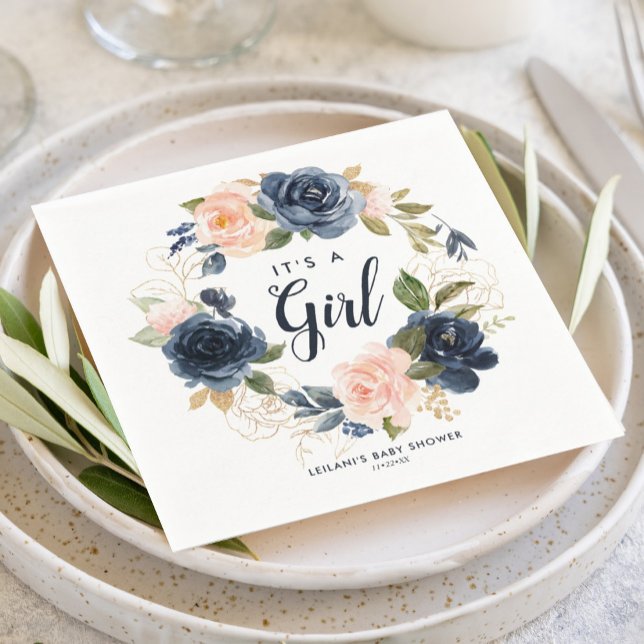 Serviette En Papier Baby shower d'aquarelle Blush Navy Wreath (Floral wreath it's a girl with a blush pink and navy blue baby shower napkin for an elegant design.)