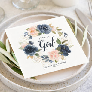 Serviette En Papier Baby shower d'aquarelle Blush Navy Wreath