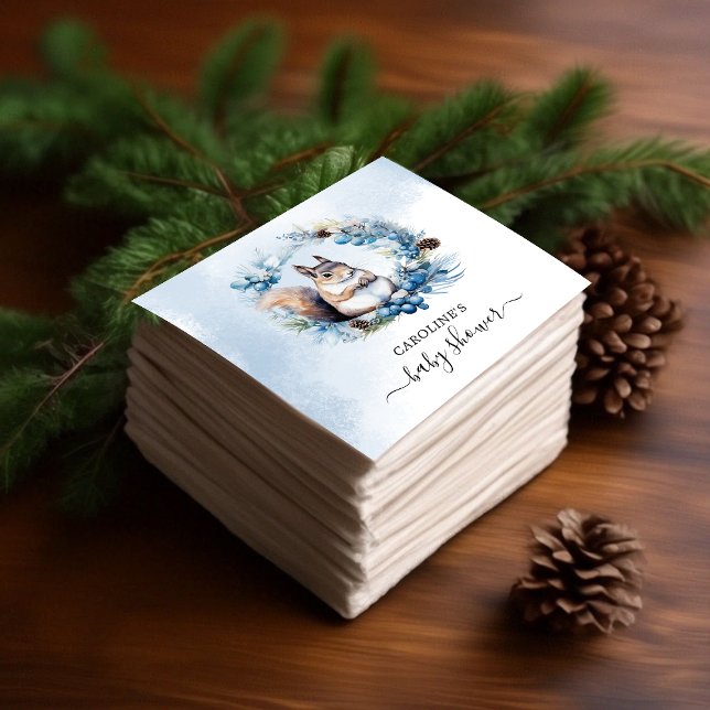 Serviette En Papier Baby shower d'aquarelle d'hiver (Winter Squirrel Watercolor Baby Shower Napkins)