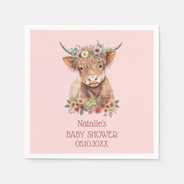 Serviette En Papier Baby shower d'aquarelle Highland Cow rose (Devant)