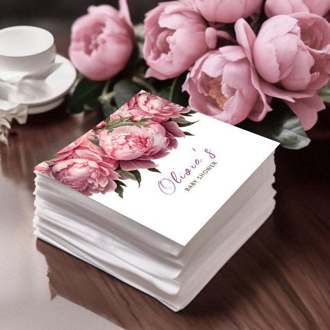 Serviette En Papier Baby shower d'aquarelle Pink Peonies (Pink Peonies Watercolor Baby Shower Napkins)
