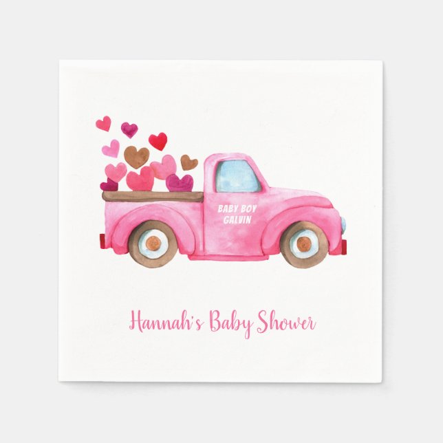 Serviette En Papier Baby shower d'aquarelle Retro Pink Truck (Devant)