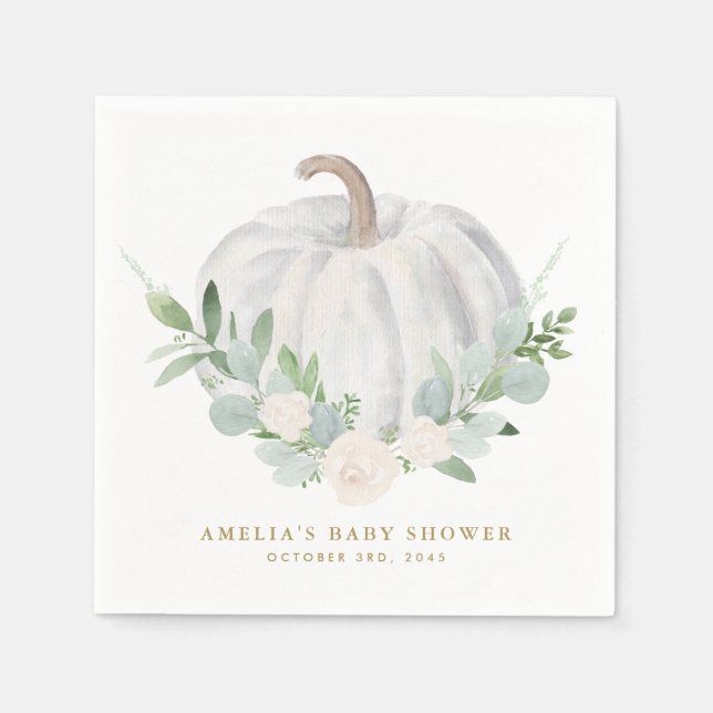 Serviette En Papier Baby shower d'automne Citrouille blanc aquarelle (Devant)