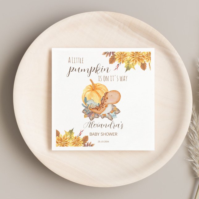 Serviette En Papier Baby shower d'automne du petit dinosaure citrouill (Little pumpkin cute dinosaur fall baby shower personalized monogrammed printed napkins table decor)
