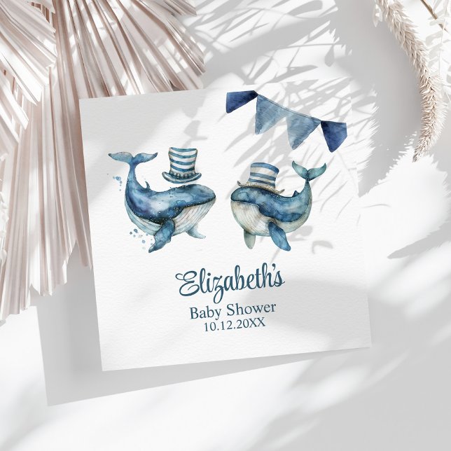 Serviette En Papier Baby shower de baleines nautiques de la Marine (Cute Navy Nautical Whales Baby Shower Napkins on a sunny white table with boho decoration.)
