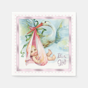 Serviette En Papier Baby shower de cigogne rose