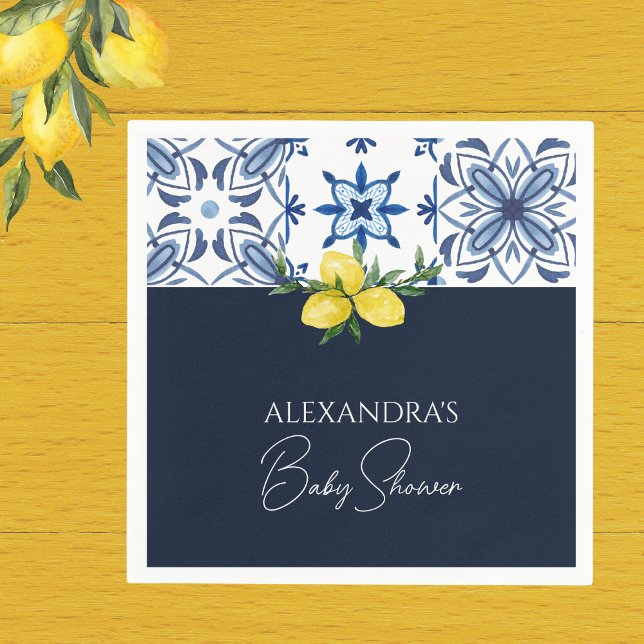 Serviette En Papier Baby shower de citron jaune italien bleu marine (Créateur téléchargé)