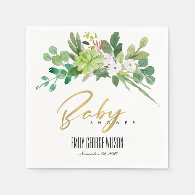SERVIETTE EN PAPIER BABY SHOWER DE COULEUR D'EAU DE FOLIAGE SUCCULENT  (Devant)