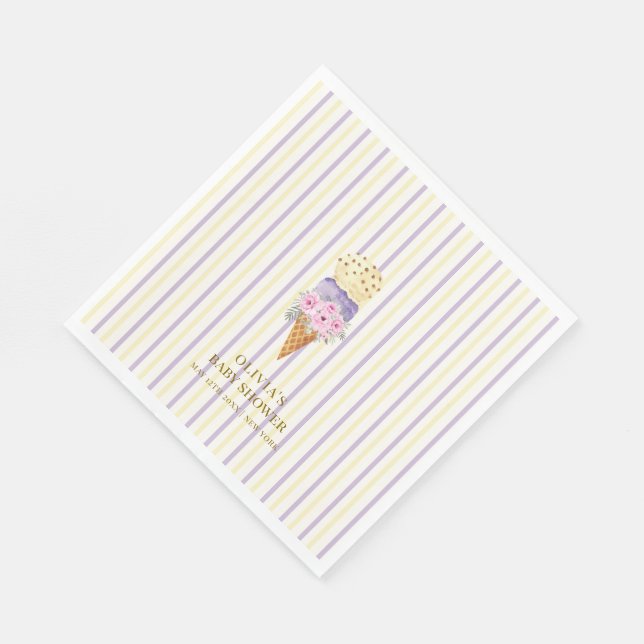Serviette En Papier Baby shower de crème glacée jaune violet (Coin)