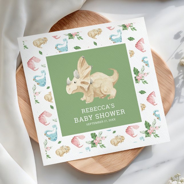Serviette En Papier Baby shower de dinosaure fille florale mignonne (Créateur téléchargé)