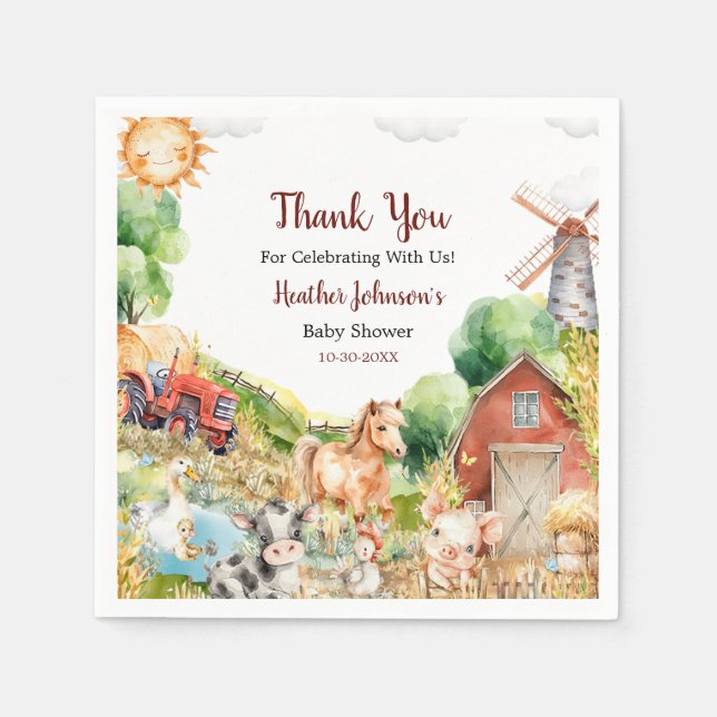 Serviette En Papier Baby shower de ferme à aquarelle mignonne (Devant)