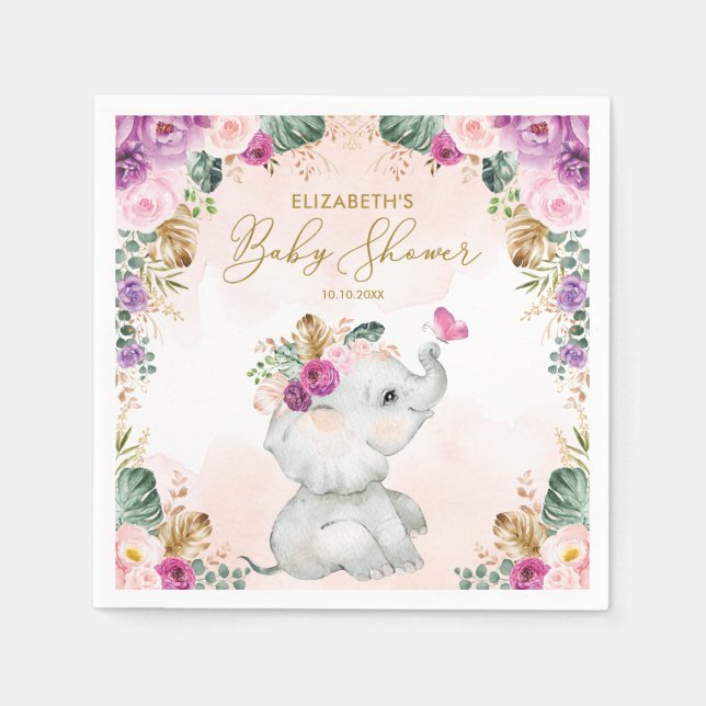 Serviette En Papier Baby shower de fille Eléphant Floral Violet (Devant)