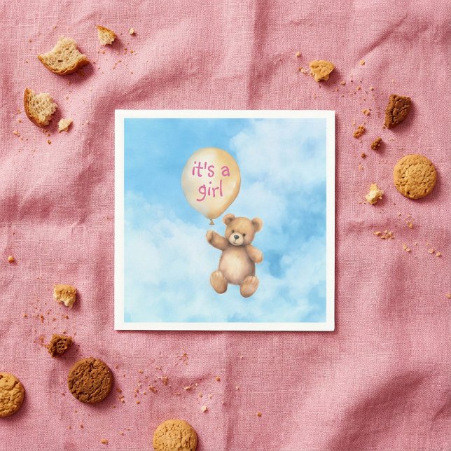 Serviette En Papier Baby shower de fille en ballons flottants à ours e (Cute teddy bear floating balloon girl baby shower napkins.)