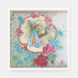 SERVIETTE EN PAPIER BABY SHOWER DE FILLES EN STORK ROSES ROSES ROSES E