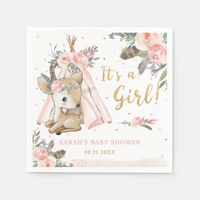 Serviette En Papier Baby shower de filles tribales de Woodland Deer Bo (Devant)