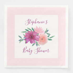 Serviette En Papier Baby shower de fleurs d'aquarelle rose Personnalis