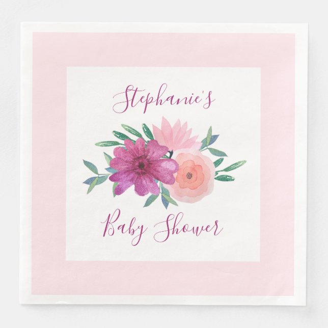 Serviette En Papier Baby shower de fleurs d'aquarelle rose Personnalis (Devant)