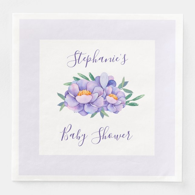 Serviette En Papier Baby shower de fleurs d'aquarelle violet personnal (Devant)