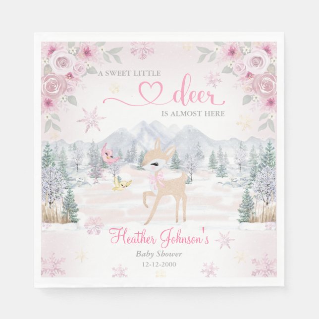 Serviette En Papier Baby shower de flocon rose cerf d'hiver (Devant)