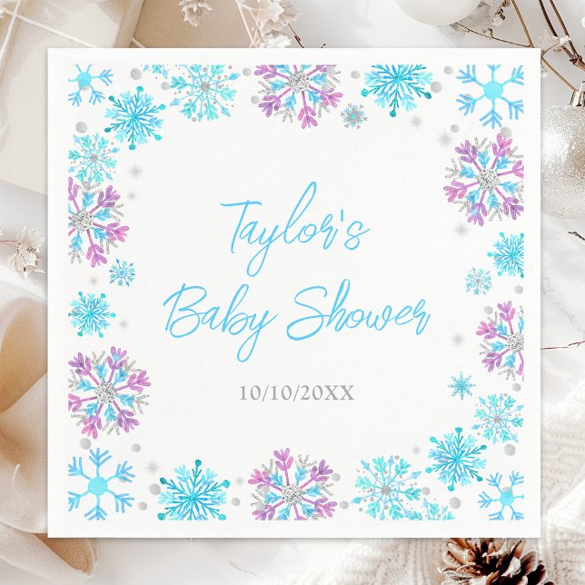 Serviette En Papier Baby shower de flocons de neige violet et bleu (Créateur téléchargé)