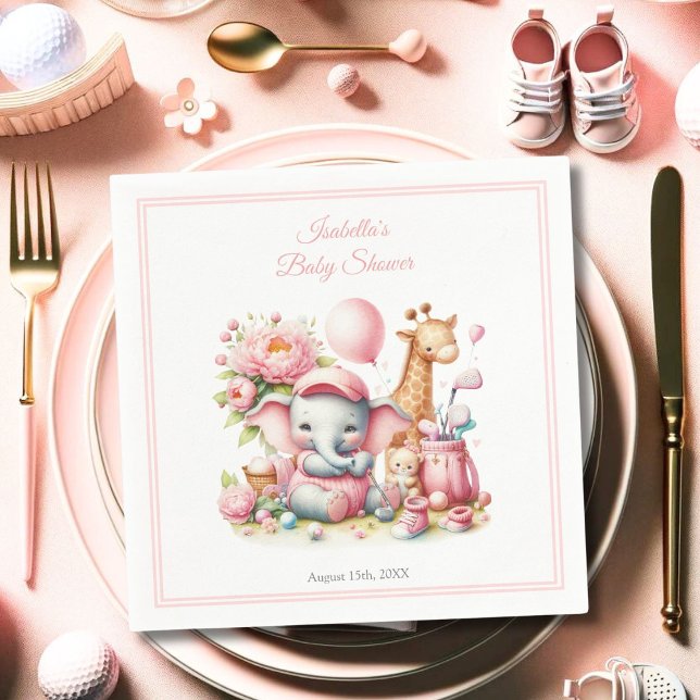 Serviette En Papier Baby shower de golf Pink Baby Girl Elephant & Gira (A lovely way to add whimsical delight to your baby shower tables. )