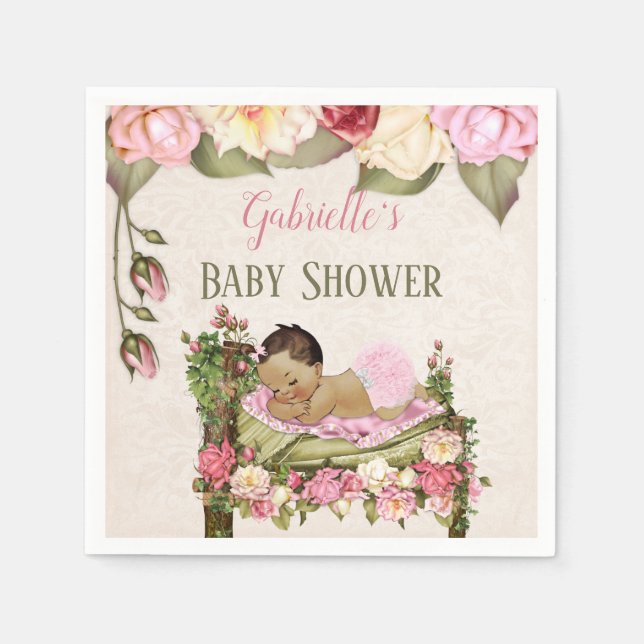 Serviette En Papier Baby shower de jardin Lit Rose Fille rose ivoire (Devant)