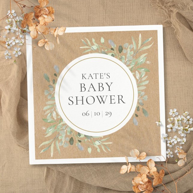 Serviette En Papier Baby Shower de Kraft aquarelle rustique de verdure (Rustic Kraft Watercolor Greenery Baby Shower Napkins)