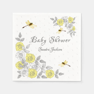 Serviette En Papier Baby shower de libellules Roses jaunes et gris