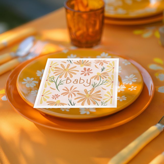 Serviette En Papier Baby shower de marguerites jaunes et orange (Créateur téléchargé)
