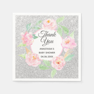 Serviette En Papier Baby shower de Merci de en argent et rose