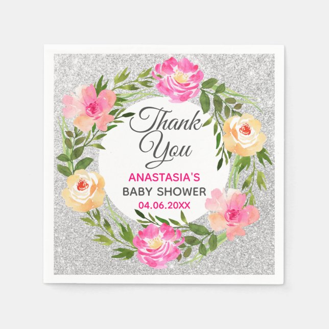 Serviette En Papier Baby shower de Merci de  en argent et rose (Devant)