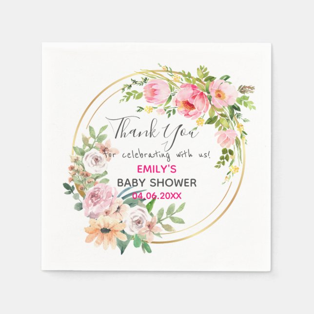 Serviette En Papier Baby shower de Merci de  rose fleuri (Devant)