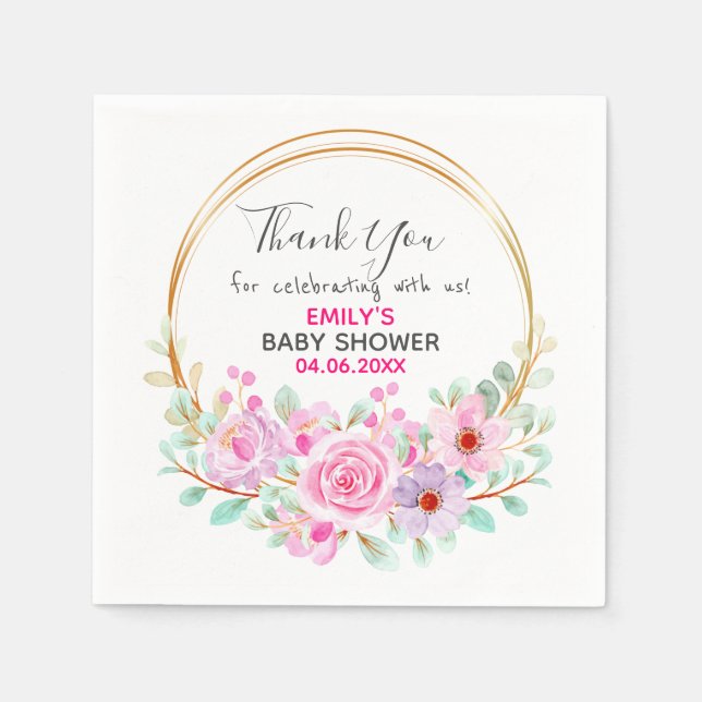 Serviette En Papier Baby shower de Merci de  rose fleuri (Devant)
