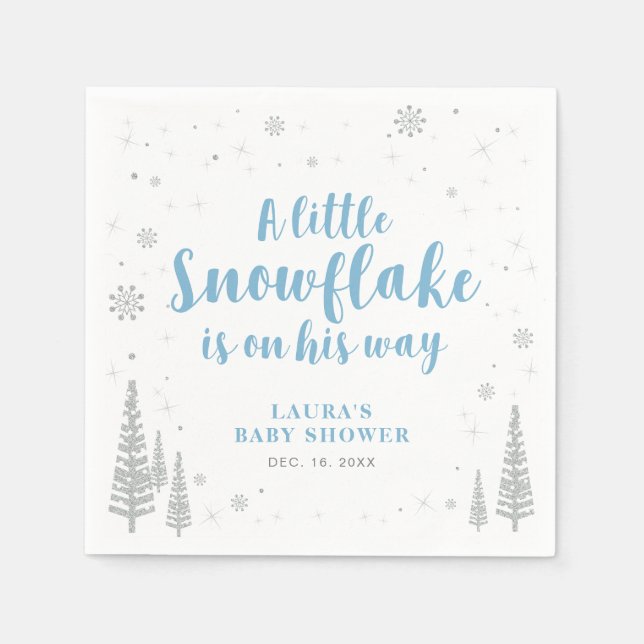 Serviette En Papier Baby shower de neige Silver & Blue Winter Wonderla (Devant)