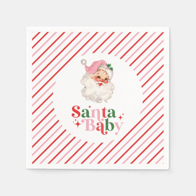 Serviette En Papier Baby shower de Noël Retro Pink Père Noël bébé (Devant)